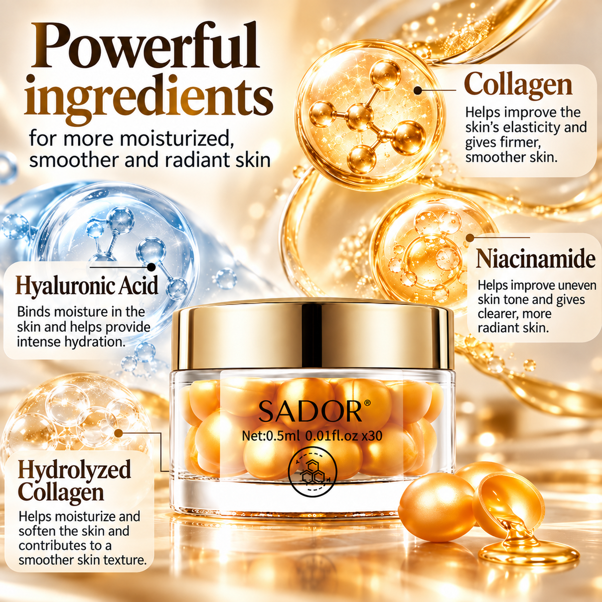 Face Serum in Golden Capsules – Moisturising Skincare – 30 Capsules, 15 ml