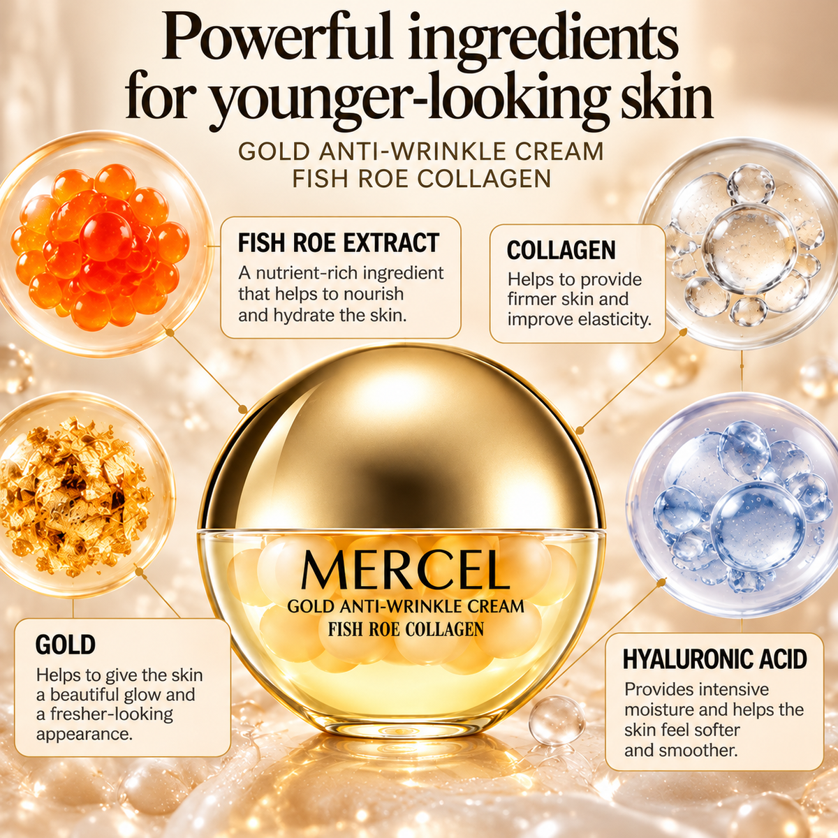 Face Cream with Collagen & Fish Roe Extract – Anti-Age with Golden Pearls – 70 g