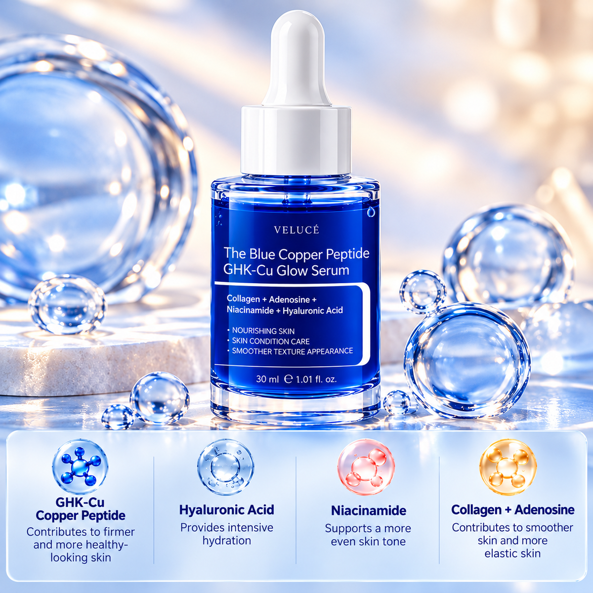 Hyaluronic Acid, Niacinamide & Collagen Facial Serum – Firming, Smoothing & Radiance – 30 ml