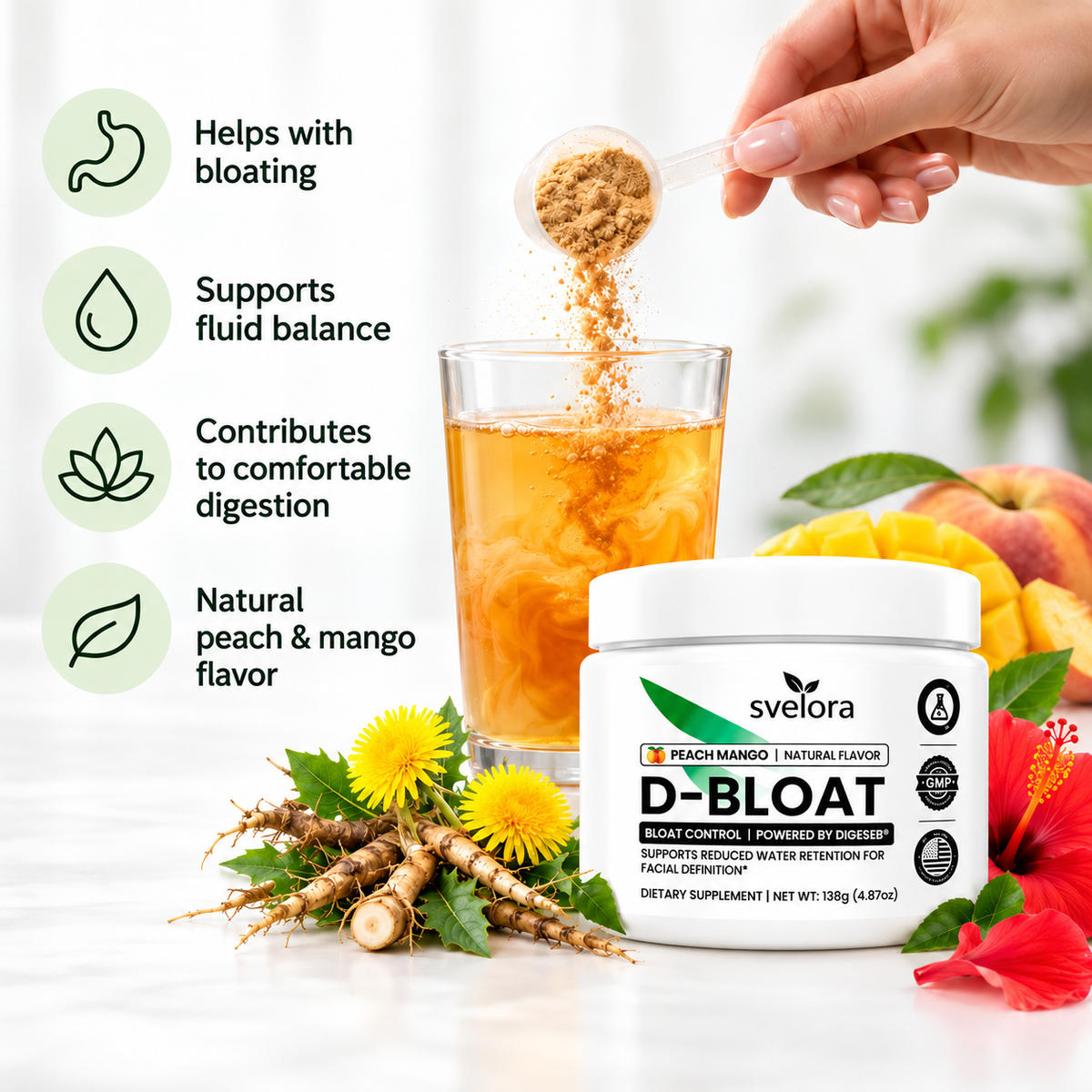 D-Bloat Supplement Powder – Peach & Mango – Dandelion, Nettle, Hibiscus, Magnesium & Vitamin C – 30 Servings
