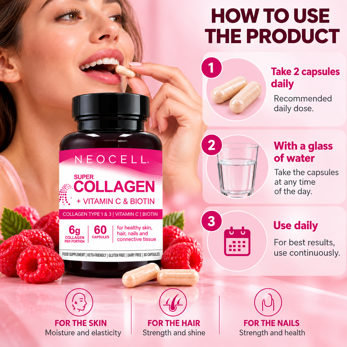 NeoCell Super Collagen with Vitamin C & Biotin – Collagen Type I & III – 60 Capsules
