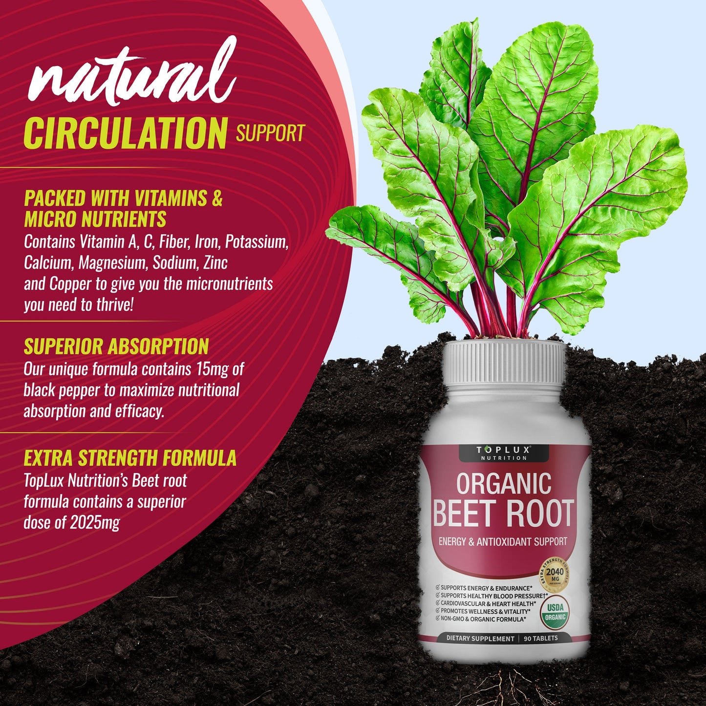 Organic Beet Root 2040mg Supplement – 90 Tablets