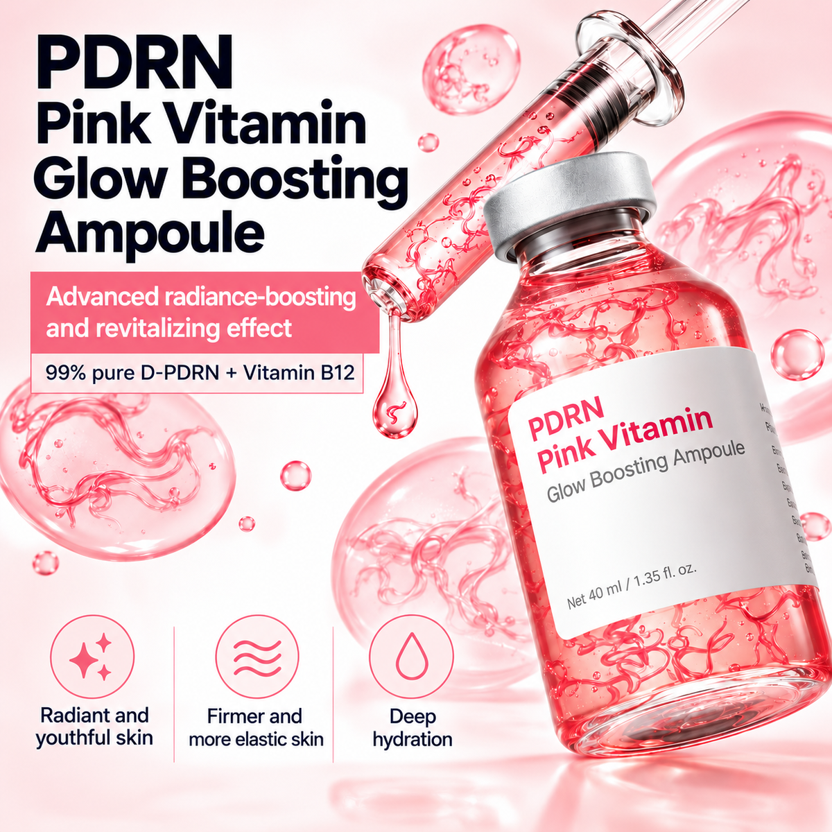 PDRN Pink Vitamin Glow Boosting Ampoule – D-PDRN, Vitamin B12 & Hyaluronic Acid – 40 ml
