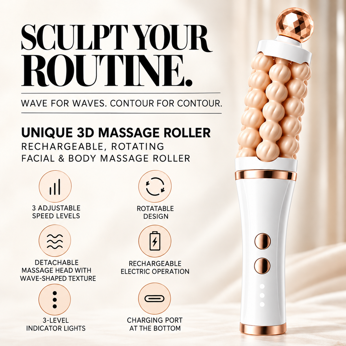 3D Facial Massage Roller – 3 Speeds & Rotation in Two Directions