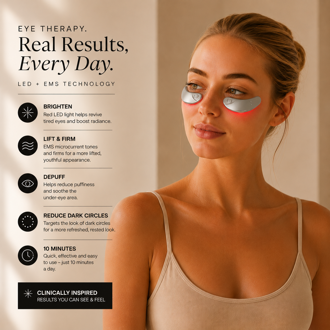 LED Under Eye Therapy Device – Red Light & EMS Eye Massager for Puffiness, Dark Circles & Fine Lines
