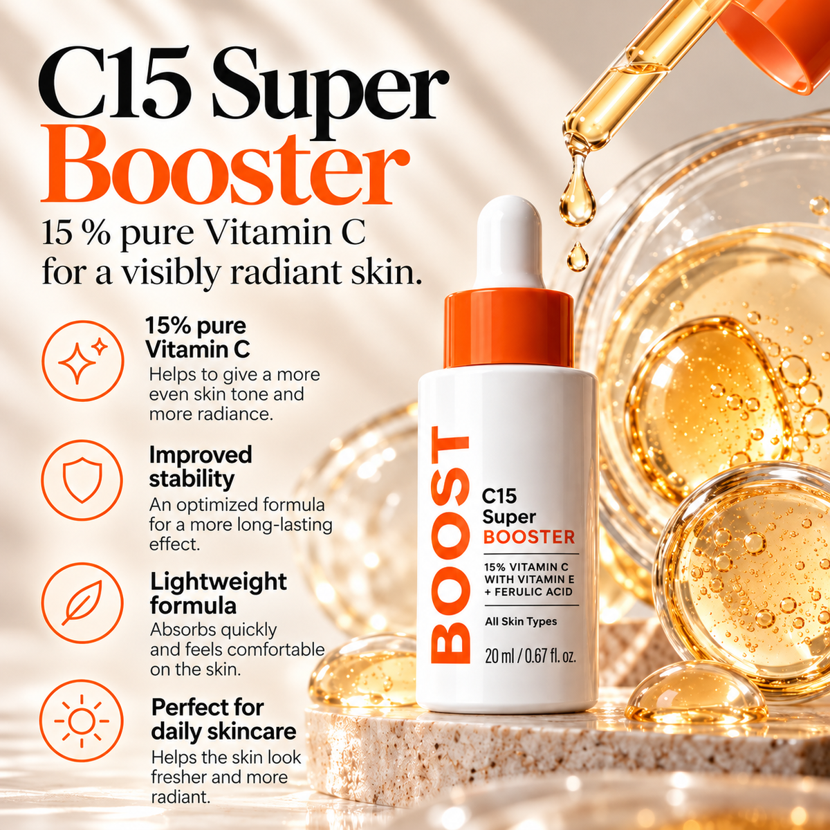 C15 Super Booster Face Serum with 15% Vitamin C, Vitamin E & Ferulic Acid – 20 ml