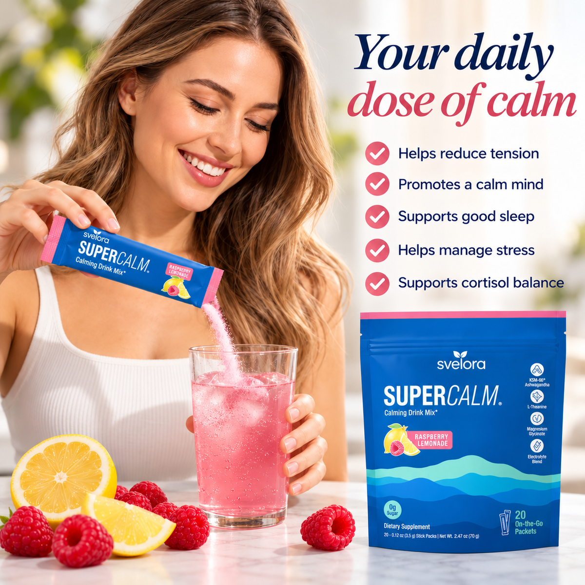 SuperCalm Raspberry Lemonade – Ashwagandha, L-Theanine, Magnesium & Vitamin D3 – 20 Servings