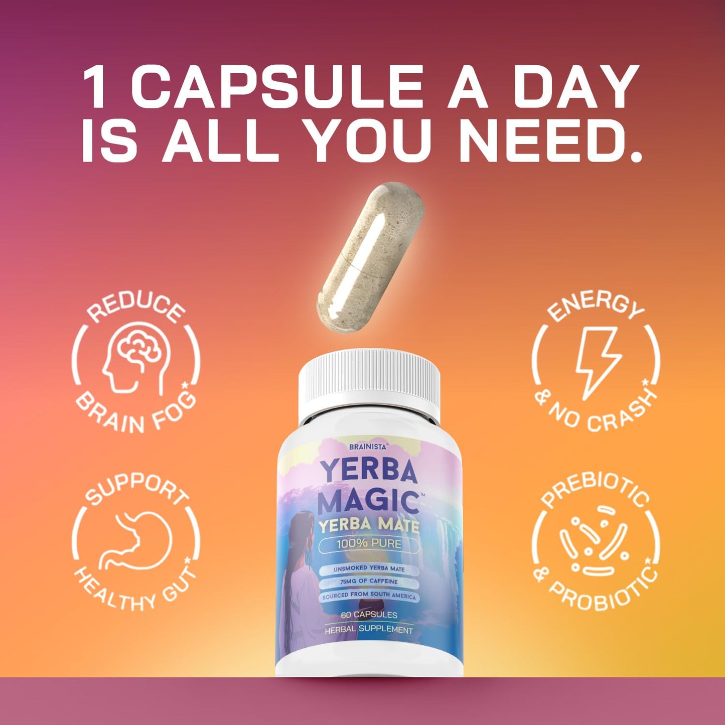 Yerba Mate Capsules 375mg – Natural Caffeine Energy & Focus – 60 Capsules