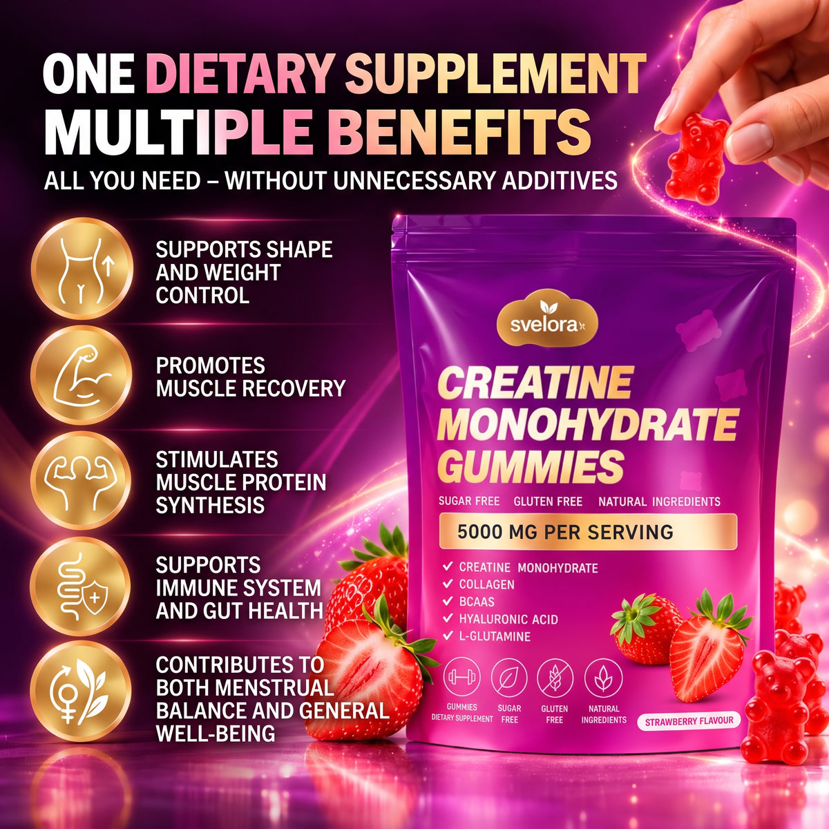 Creatine Monohydrate Gummies 5000 mg – Sugar Free – Strawberry – 60 Gummies