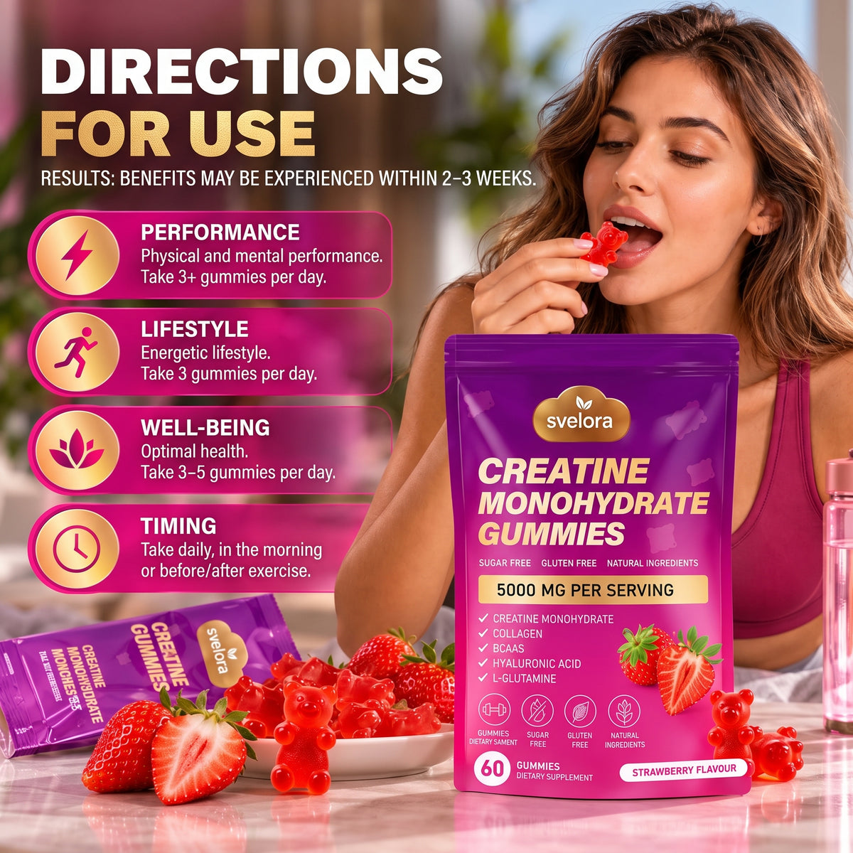 Creatine Monohydrate Gummies 5000 mg – Sugar Free – Strawberry – 60 Gummies