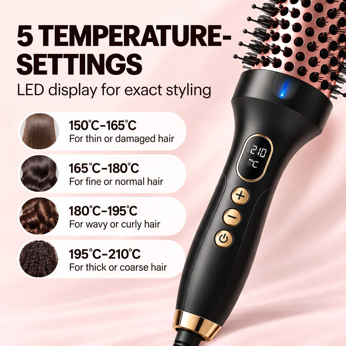 Electric Heat Brush with Ionic Technology – LED Display, Adjustable Temperature up to 210°C