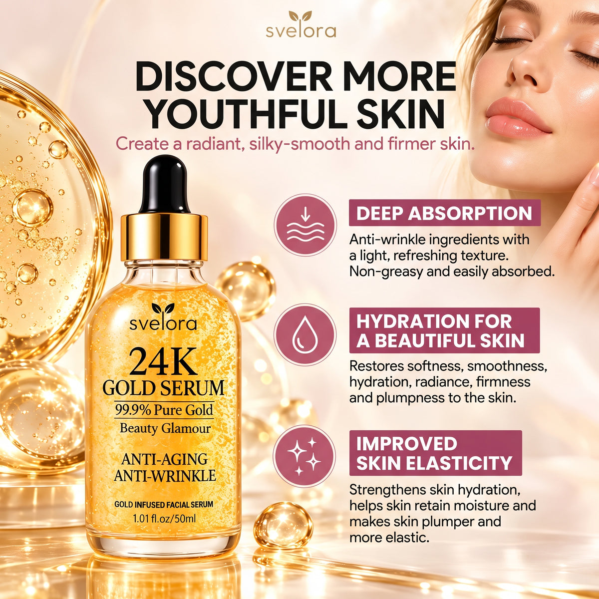 24K Gold Serum – Facial Serum with Hyaluronic Acid & Niacinamide – 50 ml
