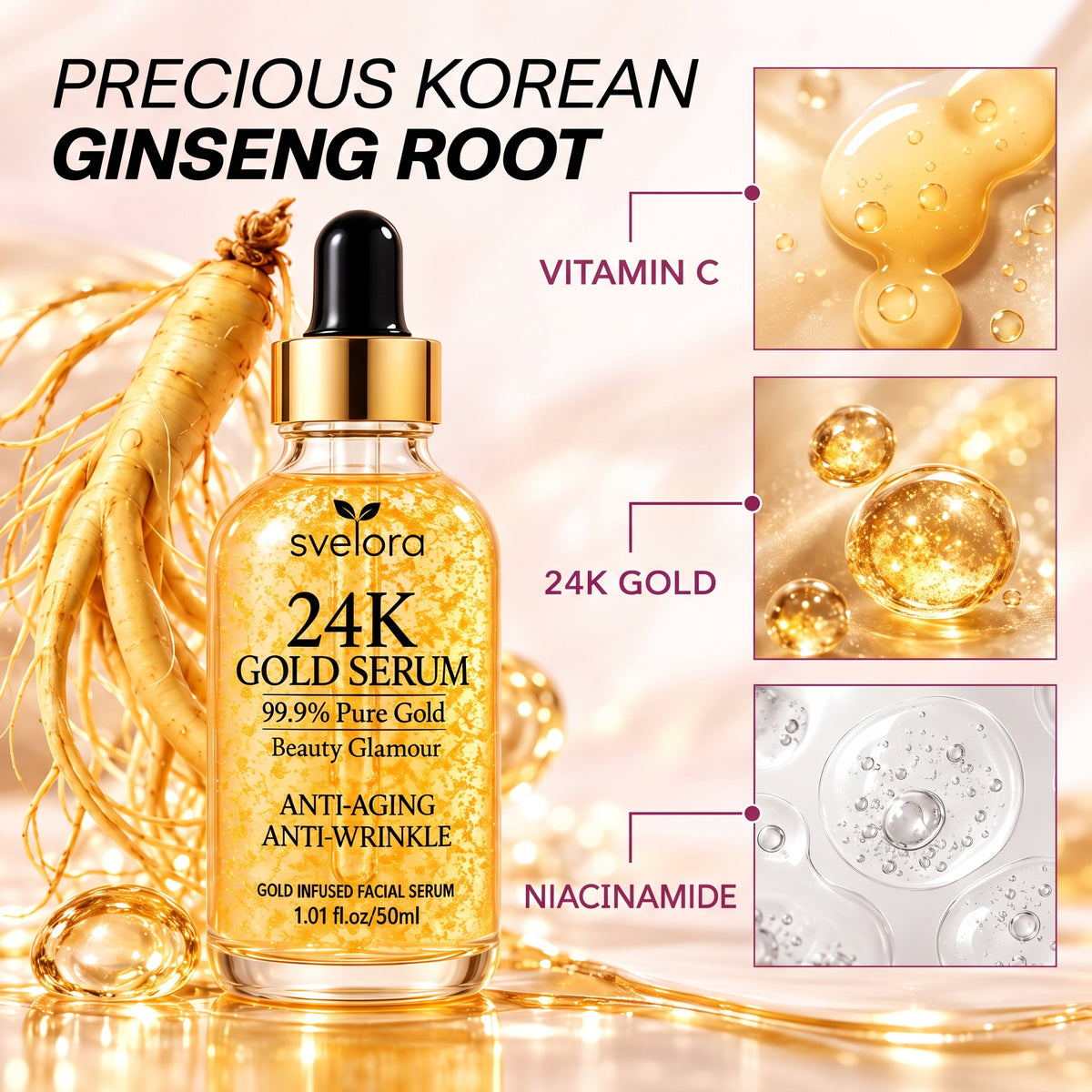 24K Gold Serum – Facial Serum with Hyaluronic Acid & Niacinamide – 50 ml