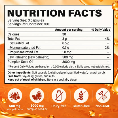 Pumpkin Seed Oil with Saw Palmetto – 3000 mg + 500 mg – 180 Soft Capsules – Cold-Pressed