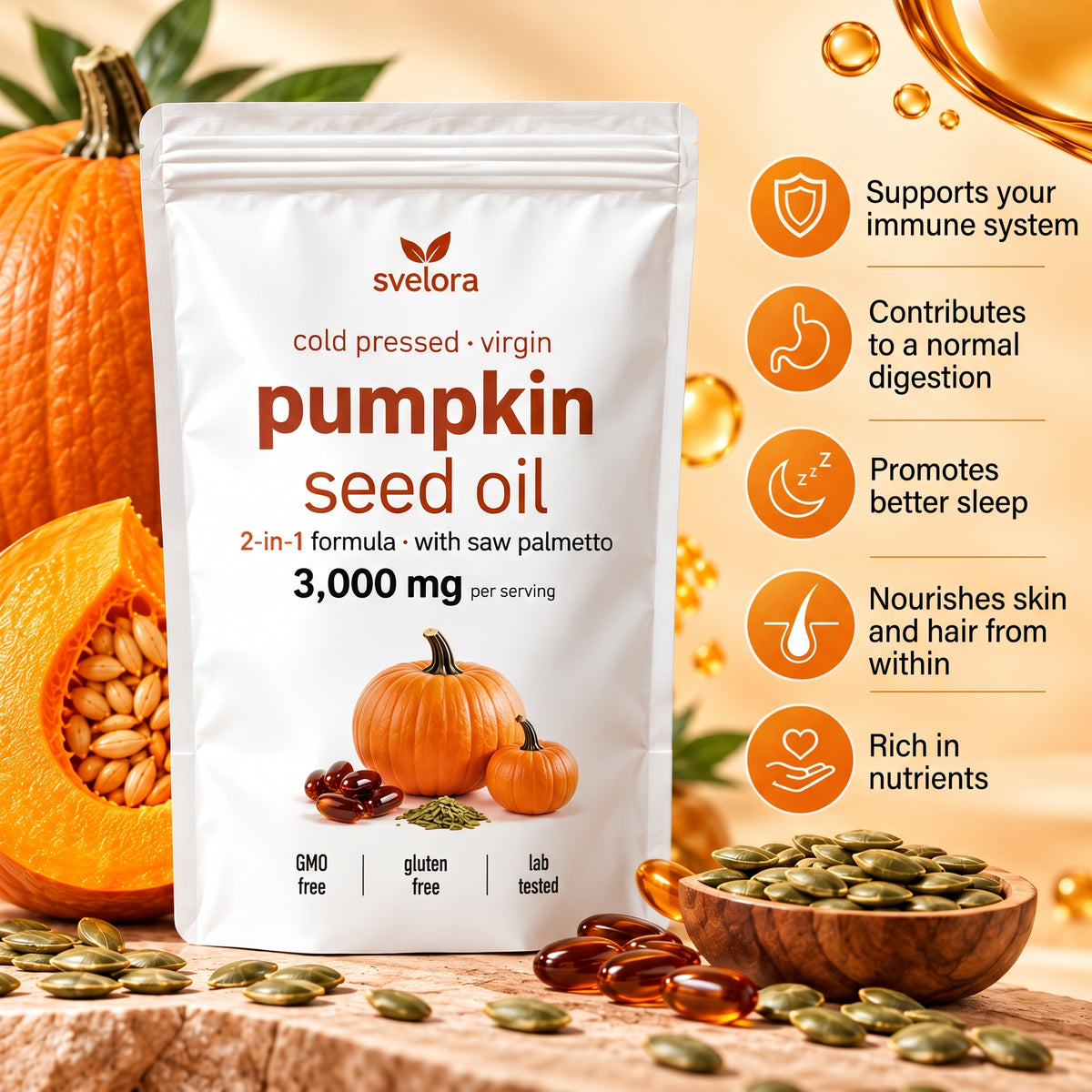 Pumpkin Seed Oil with Saw Palmetto – 3000 mg + 500 mg – 180 Soft Capsules – Cold-Pressed