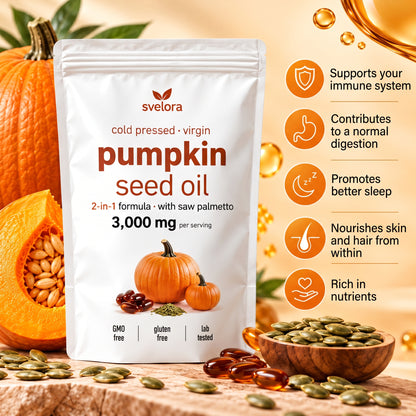 Pumpkin Seed Oil with Saw Palmetto – 3000 mg + 500 mg – 180 Soft Capsules – Cold-Pressed