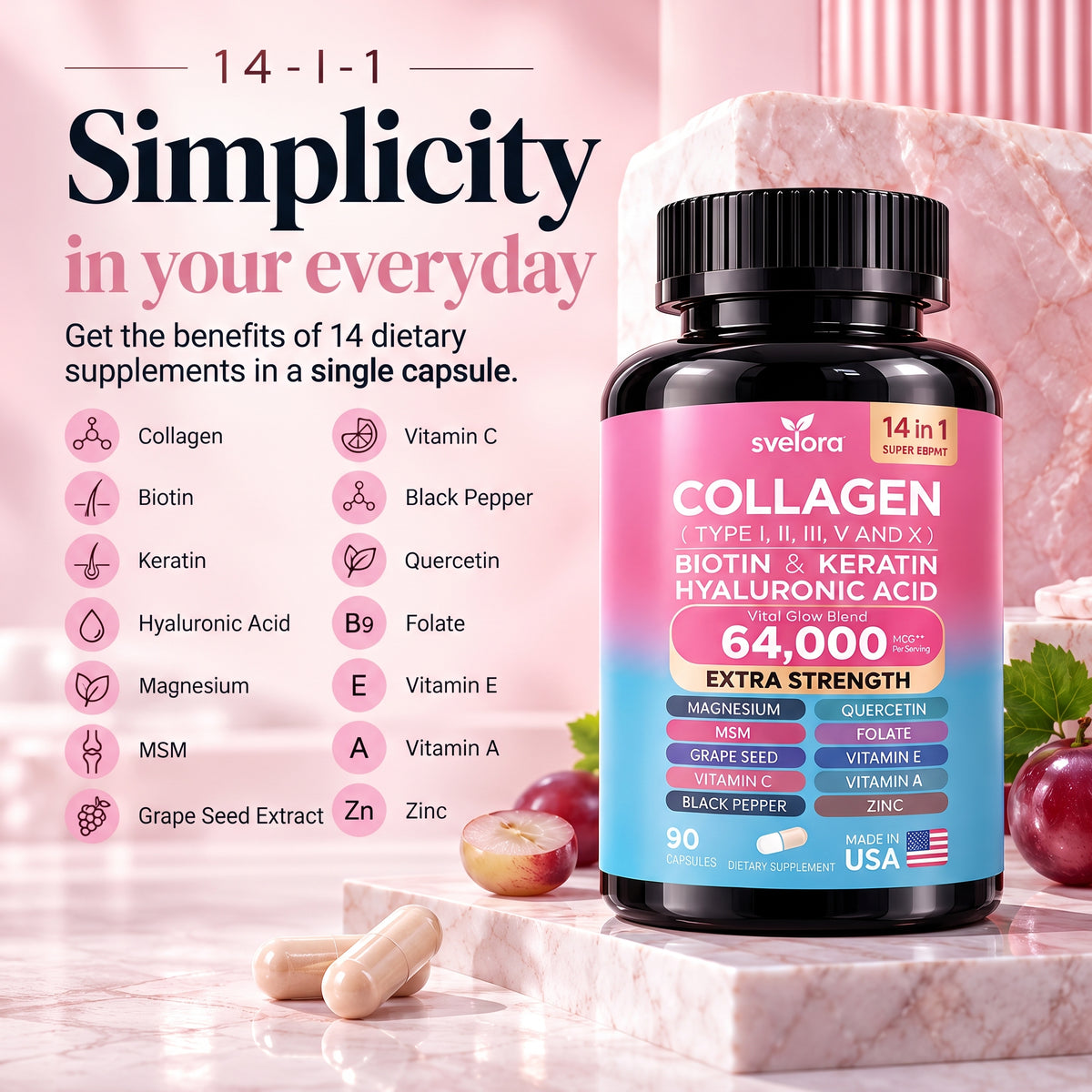 Collagen 14-in-1 – Collagen with Biotin, Keratin, Hyaluronic Acid & Vitamins – Capsules