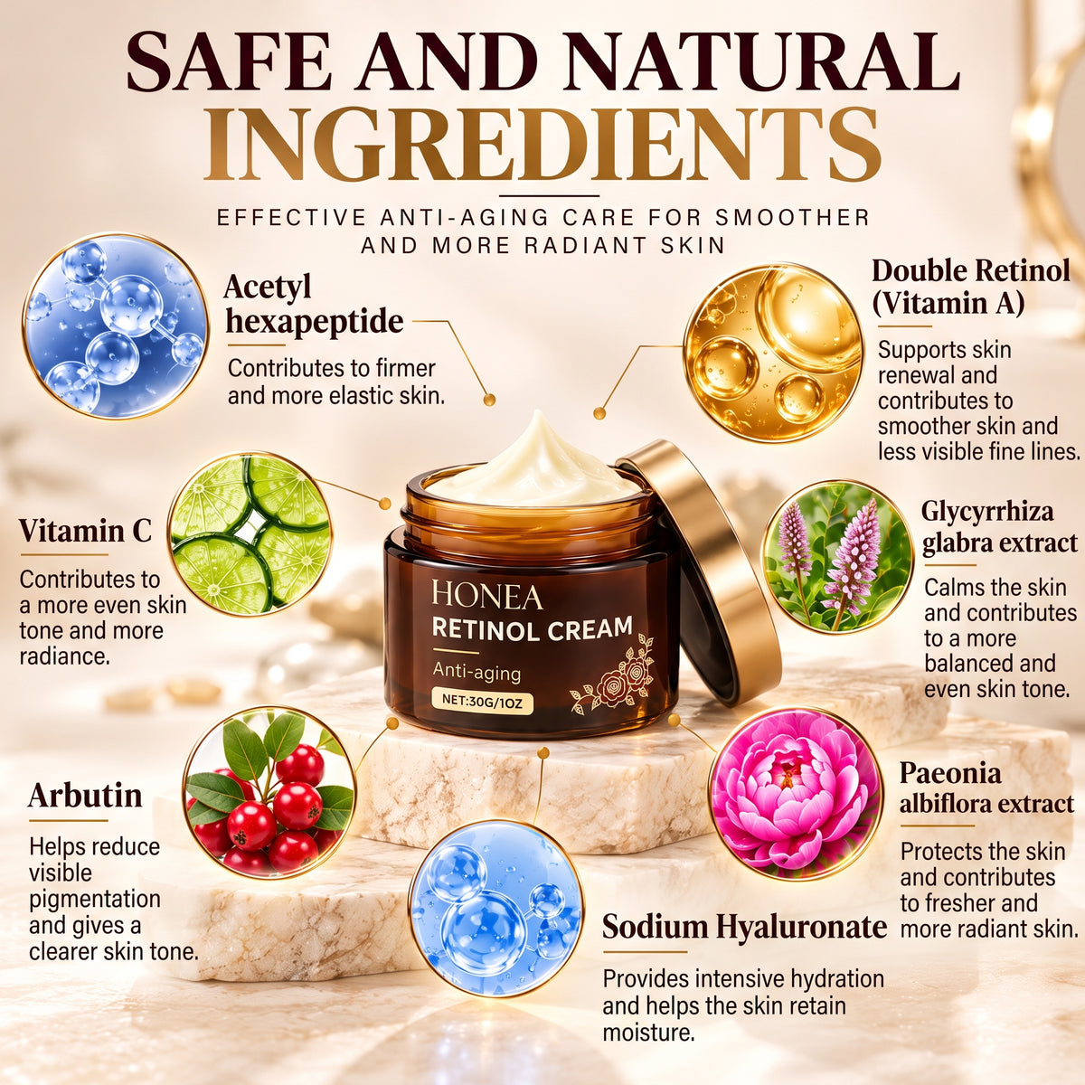 Retinol Face Cream – Anti-Aging with Vitamin C, Peptides & Hyaluronic Acid – 30 g