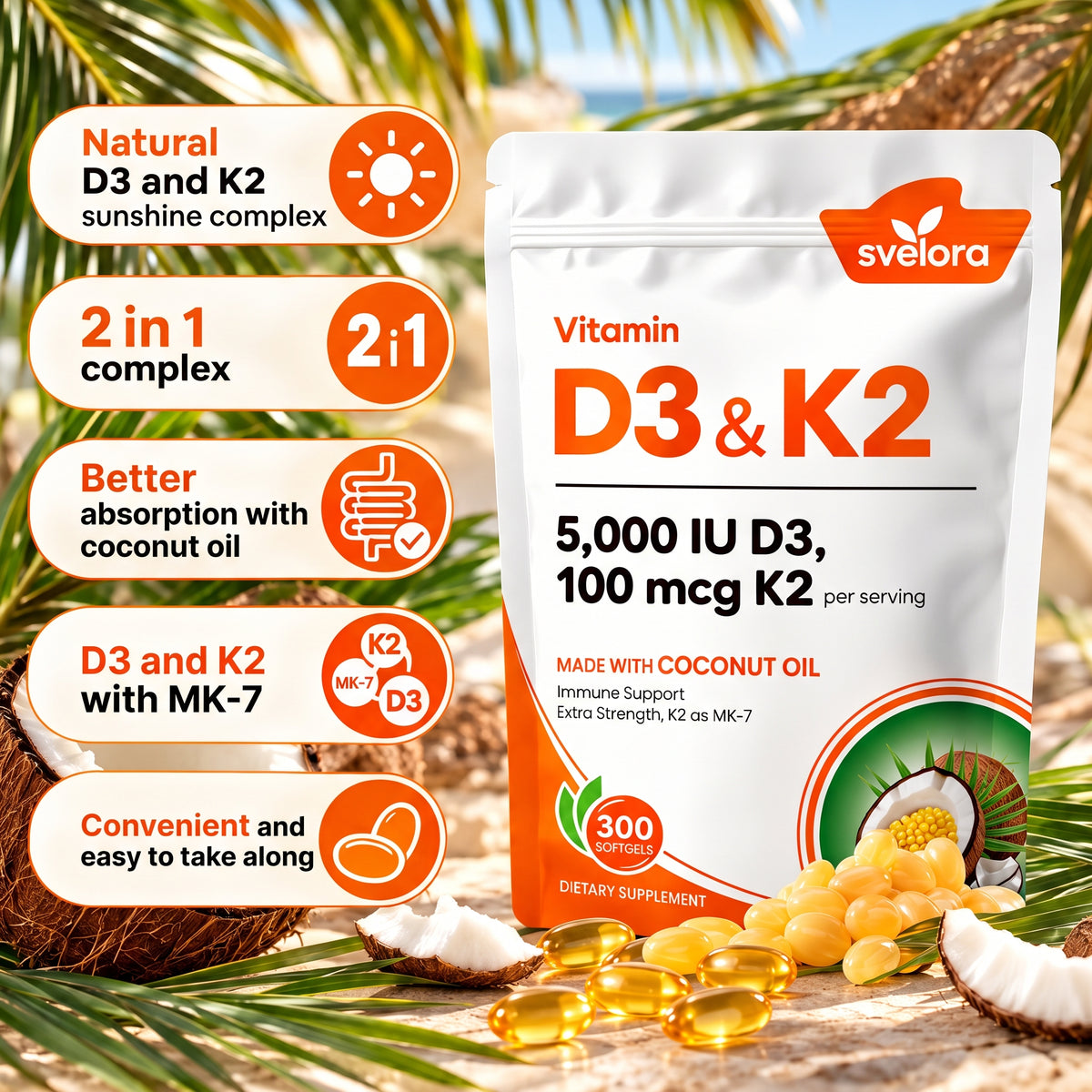 Vitamin D3 + K2 5000 IU & 100 µg MK-7 – With Coconut Oil – 300 Softgels