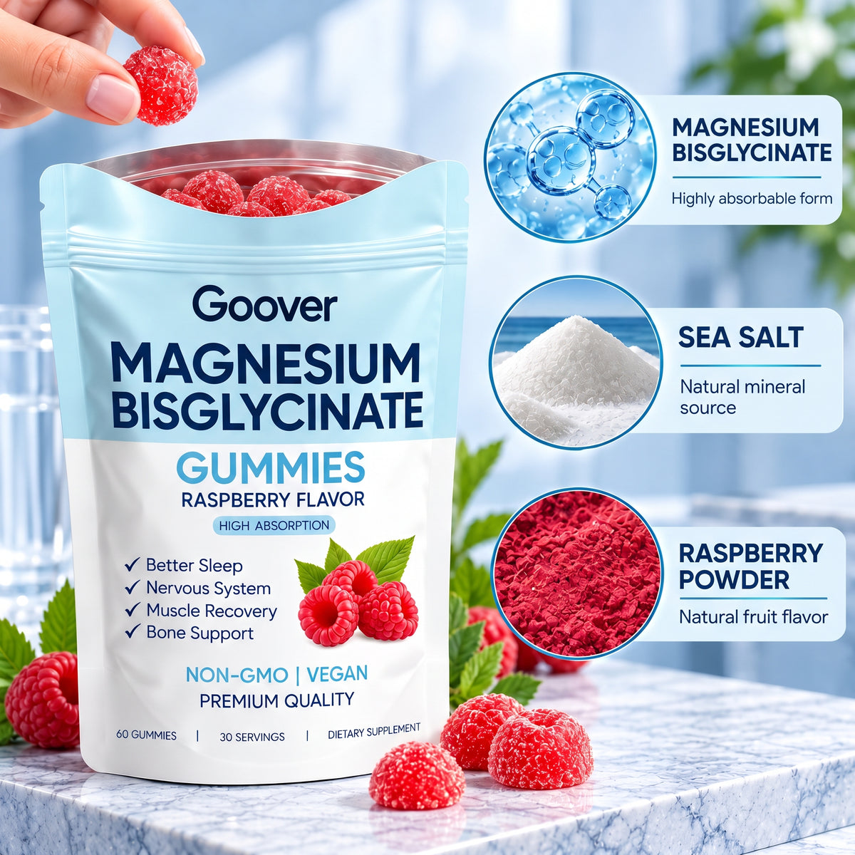 Magnesium Bisglycinate Gummies 400 mg – Raspberry Flavor, 60 Gummies