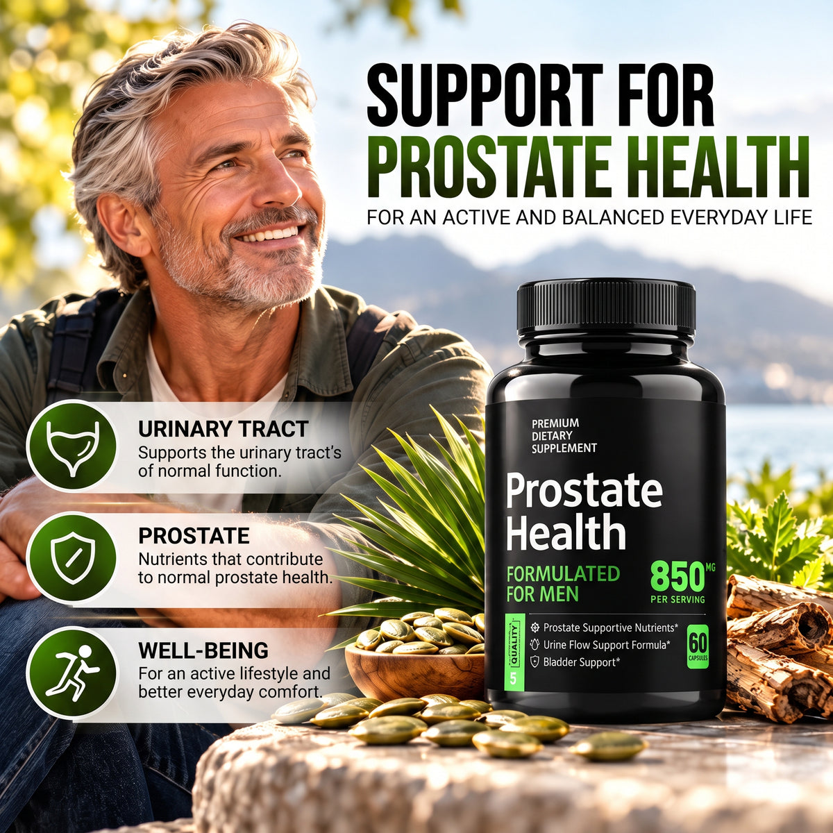 Prostate Supplement for Men – Saw Palmetto, Pumpkin Seeds, Pygeum, Zinc & Selenium – 60 Capsules