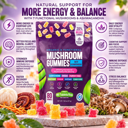 7-in-1 Mushroom Gummies with Lion’s Mane & Ashwagandha – 80 Gummies