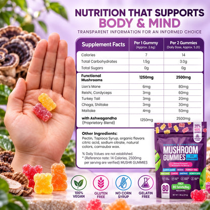 7-in-1 Mushroom Gummies with Lion’s Mane & Ashwagandha – 80 Gummies