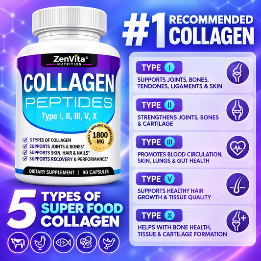 Multi Collagen Peptides 1800mg – 5 Collagen Types – 90 Capsules
