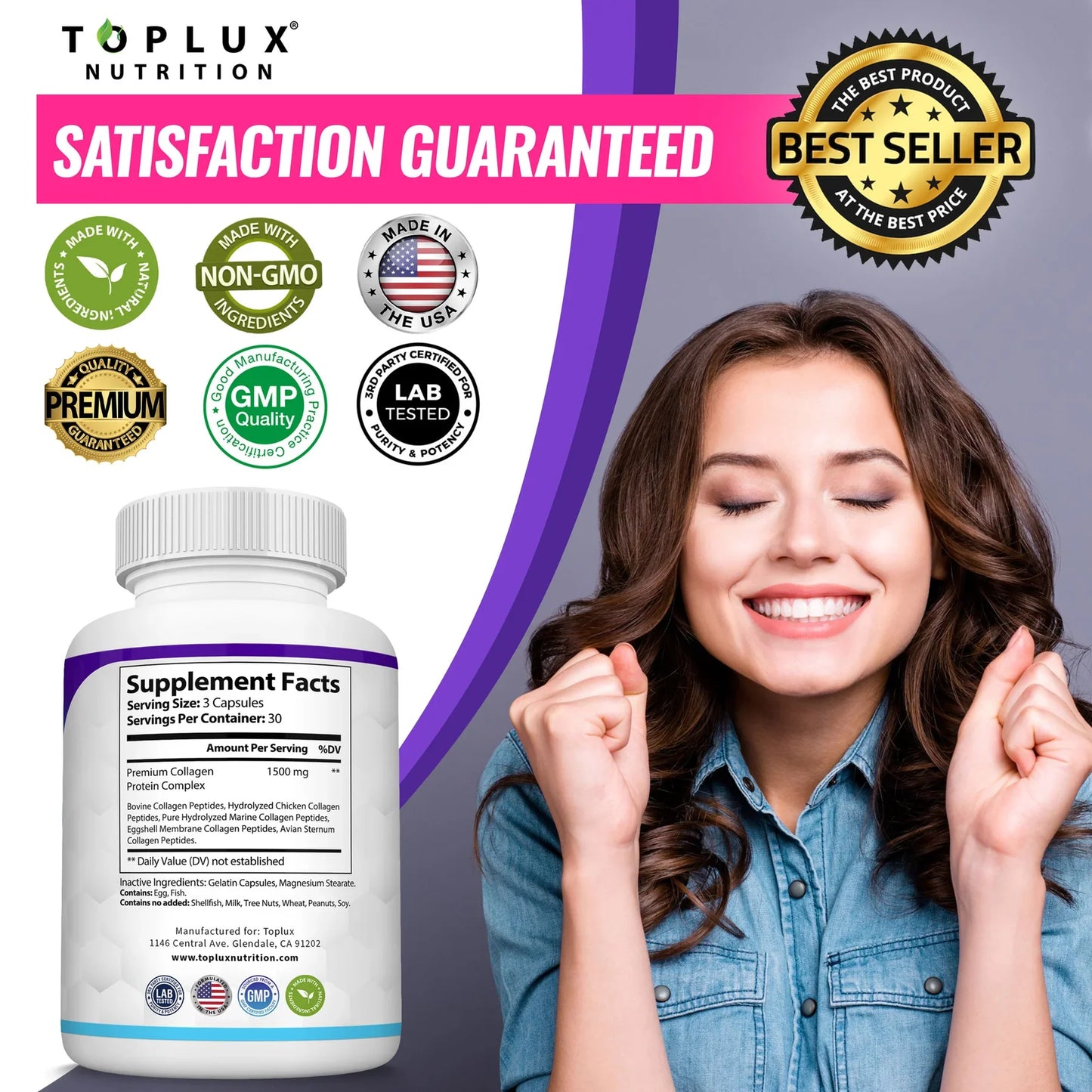 Multi Collagen Peptides 1800mg – 5 Collagen Types – 60 Capsules | 30 Day Supply