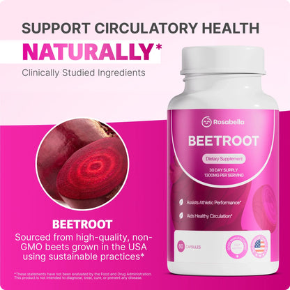 Rosabella Organic Beetroot Capsules 1300mg – Beet Root Supplement – 60 capsules