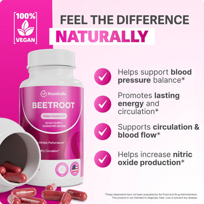 Rosabella Organic Beetroot Capsules 1300mg – Beet Root Supplement – 60 capsules