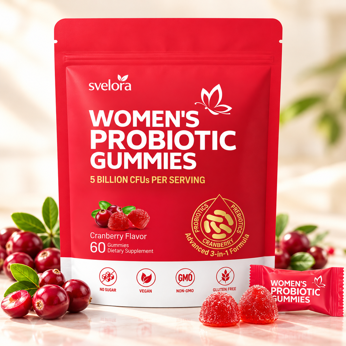 Probiotic Gummies for Women – Cranberry, 5 Billion CFU, Prebiotics & Vitamin C – 60 pcs