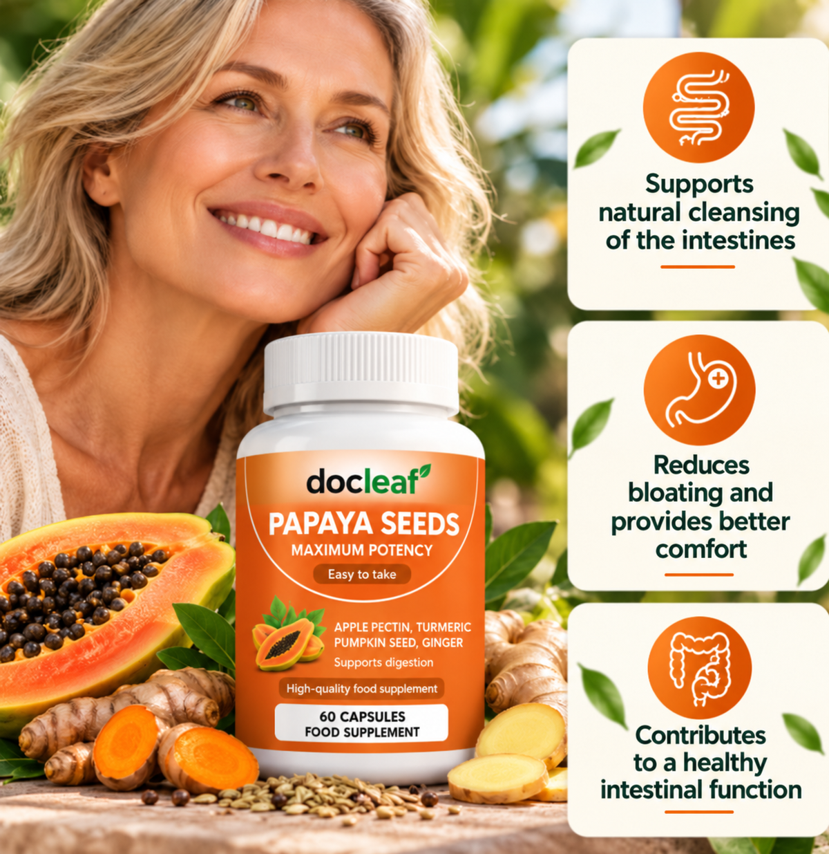 Papaya Seeds with Turmeric, Ginger & Fennel – 60 Capsules