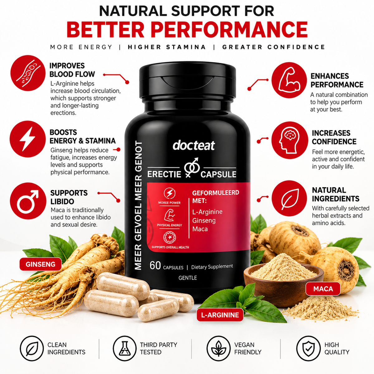 Docteat Men’s Vitality Capsules – L-Arginine, Ginseng & Maca – 60 Capsules