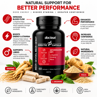 Docteat Men’s Vitality Capsules – L-Arginine, Ginseng & Maca – 60 Capsules
