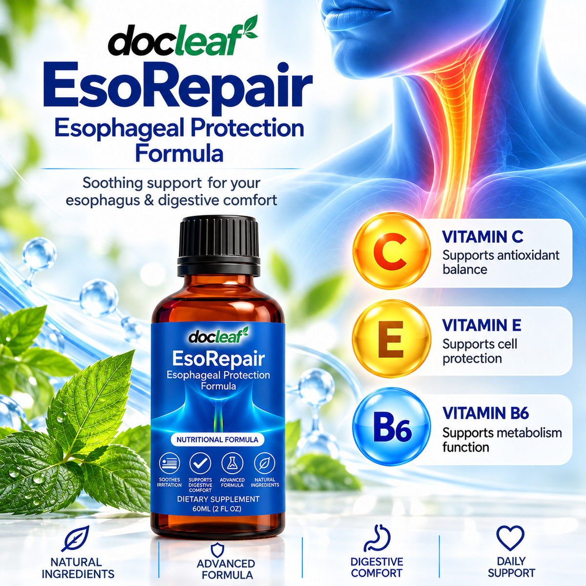 DocLeaf  EsoRepair Esophageal Support Liquid Supplement 60ml – Digestive Comfort Formula