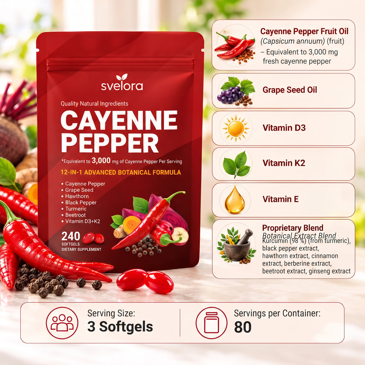 Cayenne Pepper 3000 mg – 12-in-1 Botanical Formula – 240 Softgels