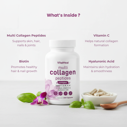 Multi Collagen Peptides 80 days supply - 240 Capsules – Hydrolyzed Collagen with Biotin & Hyaluronic Acid